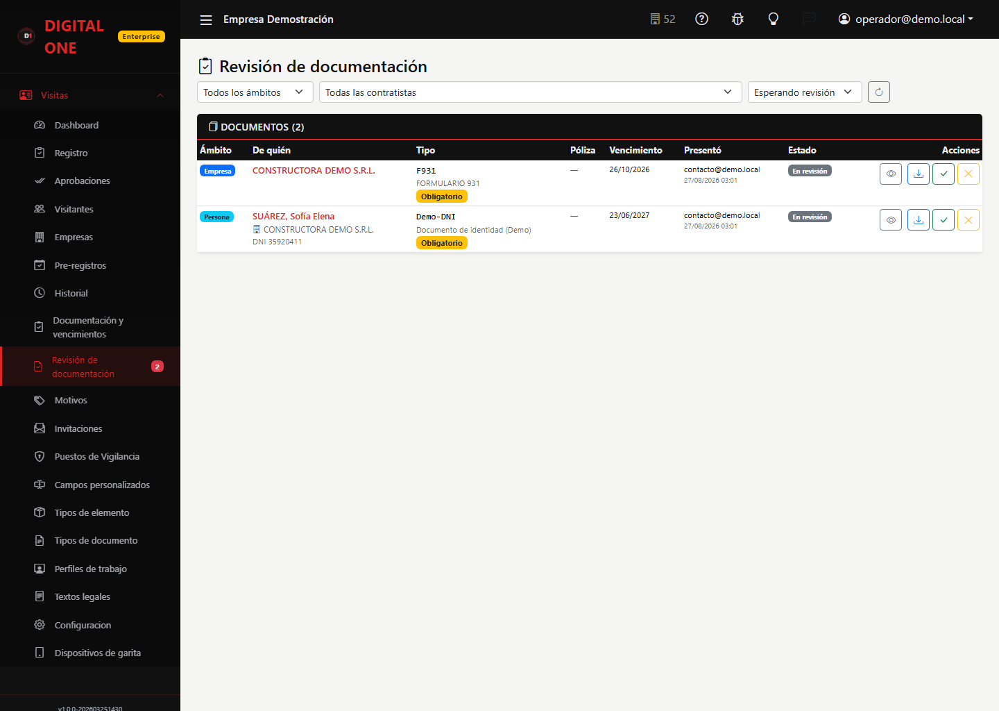 Bandeja de revisión de documentación con los tres ámbitos y los filtros por ámbito, contratista y estado