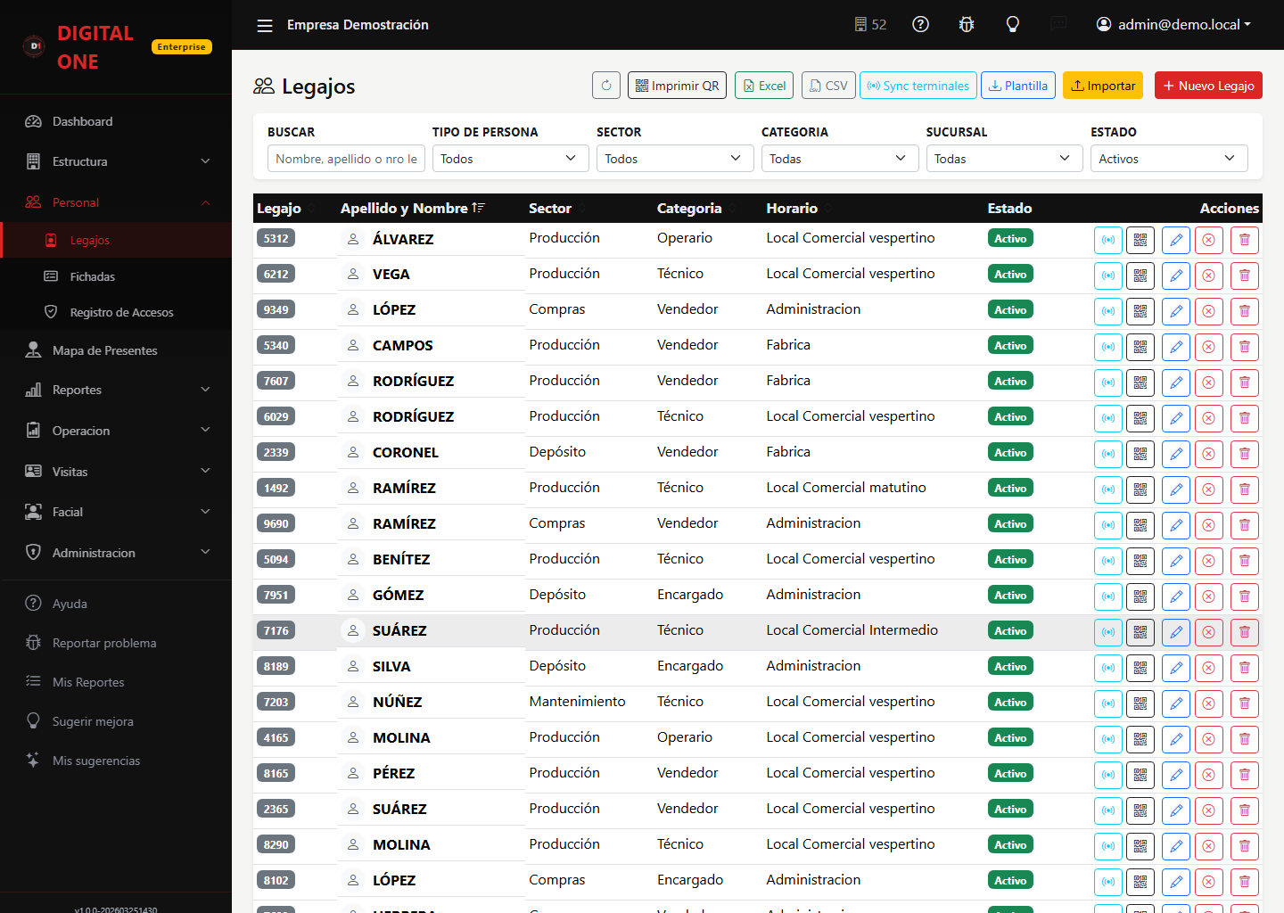 Lista de legajos en el Portal Web