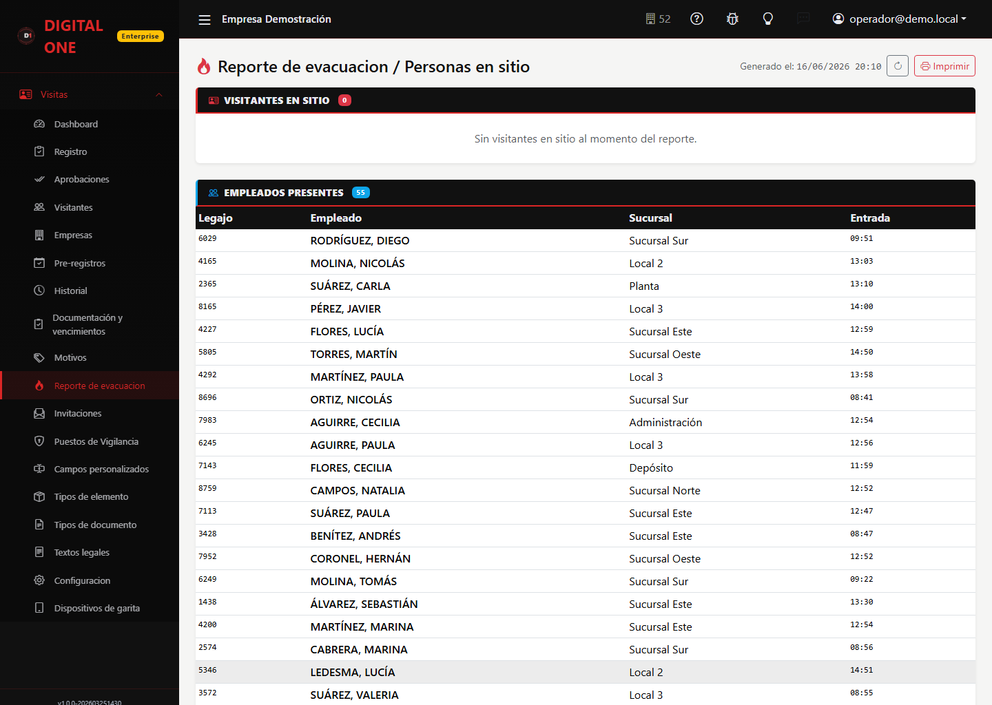 Pantalla «Reporte de evacuación» de Digital Visit