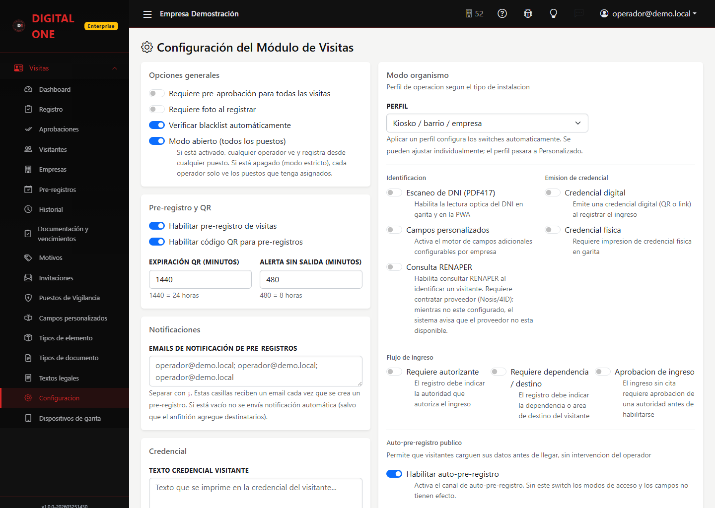 Pantalla «Configuración» de Digital Visit